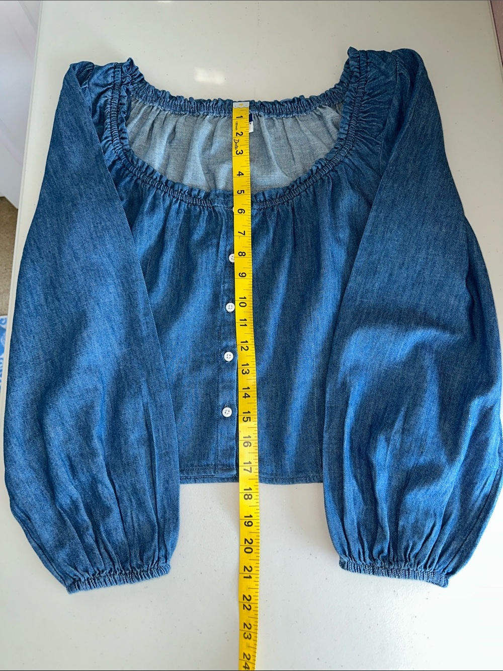 NWT 100% Cotton Old Navy Blue Denim Peasant Button-Front Blouse Size Medium. - Picture 9 of 14